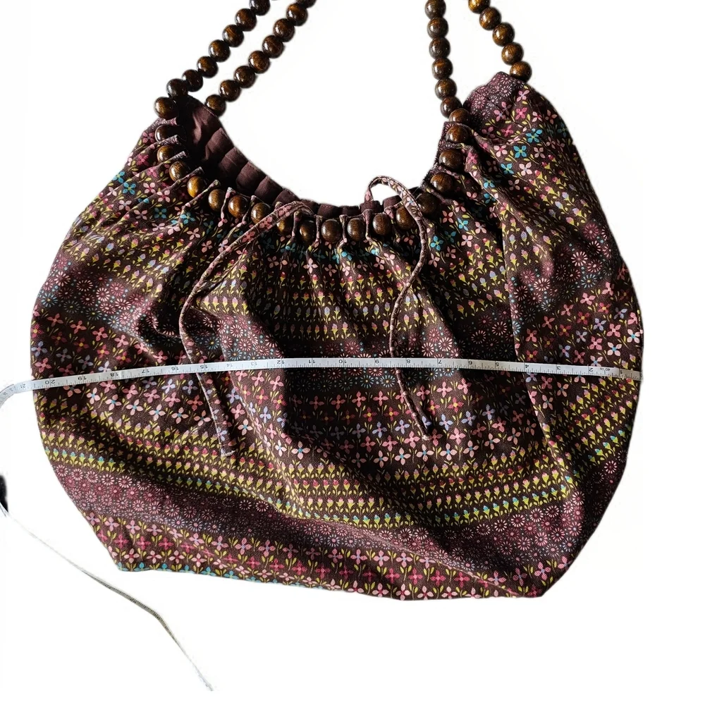 Bohemian Hippie Hobo Beaded Handle Brown Floral Patterned Whimsical Bag